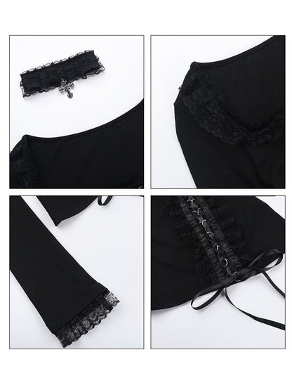 Long Top Black Choker with Sleeve Halloween Matching Lacing Lace D-Ring Gothic Trimmed
