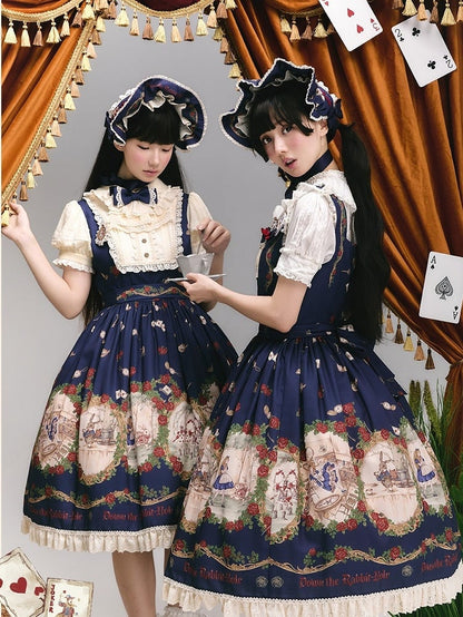 Dark Blue Floral Print Lolita Bonnet Style - Stars Fall on the Foggy Island