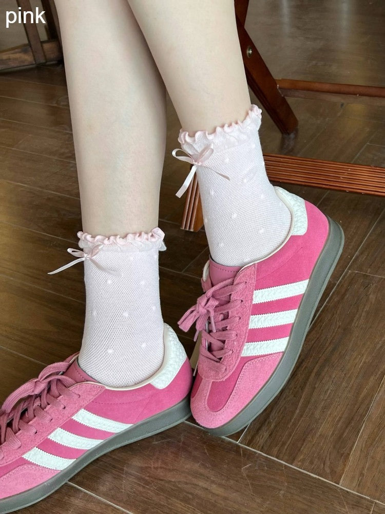 Polka Dot Ruffled Ankle Socks with Bow - Xi Shang Mei Shao