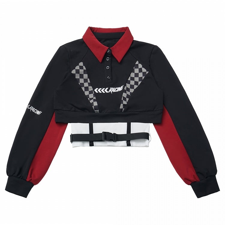 Futuristic Red Cropped Black Checked Color-Block Camisole Sweatshirt Techwear with