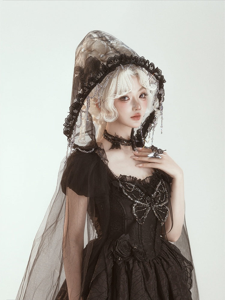 Butterfly Motif Puff Sleeve Lolita Top and Asymmetrical Hem Skirt Set in Black - Sweet Wood Lolita