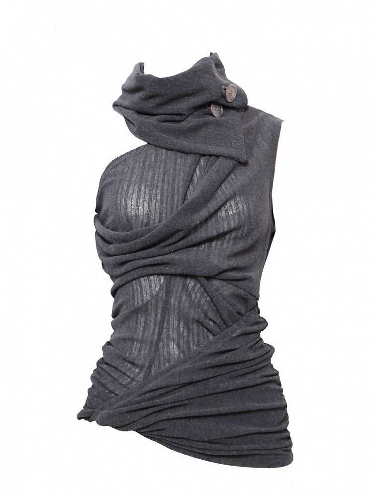 Asymmetric Gray Knit High-Neck Sleeveless Top - Flowers birds Market