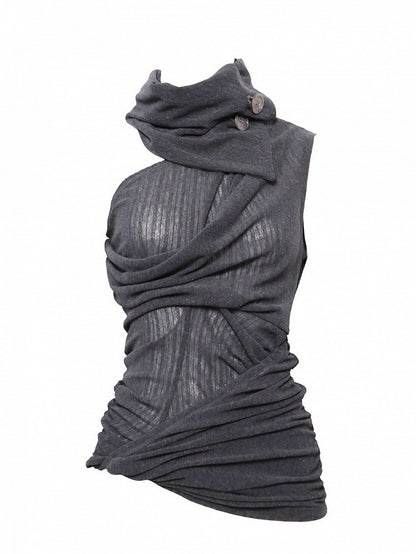 Asymmetric Gray Knit High-Neck Sleeveless Top - Flowers birds Market