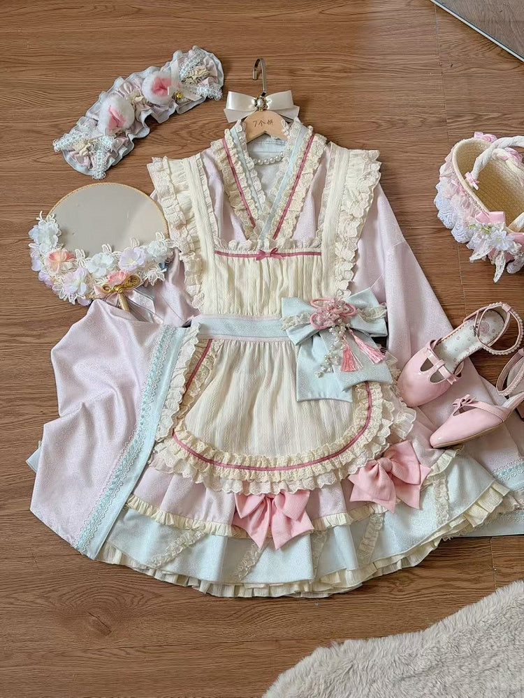 Hanfu-Inspired Lolita Top, Ruffle Mini Skirt & Apron Set in Pink Blue - Berry Story Lolita