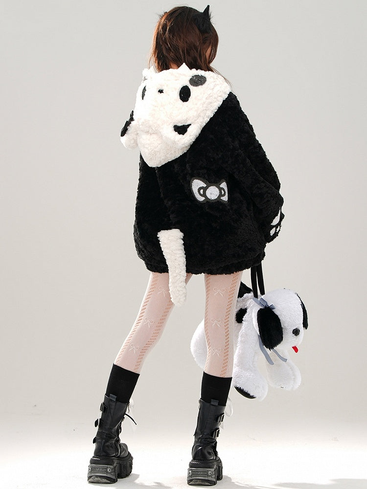 Schwarzer Fleece-Kapuzenpullover mit süßem Katzenkopf und Reißverschluss