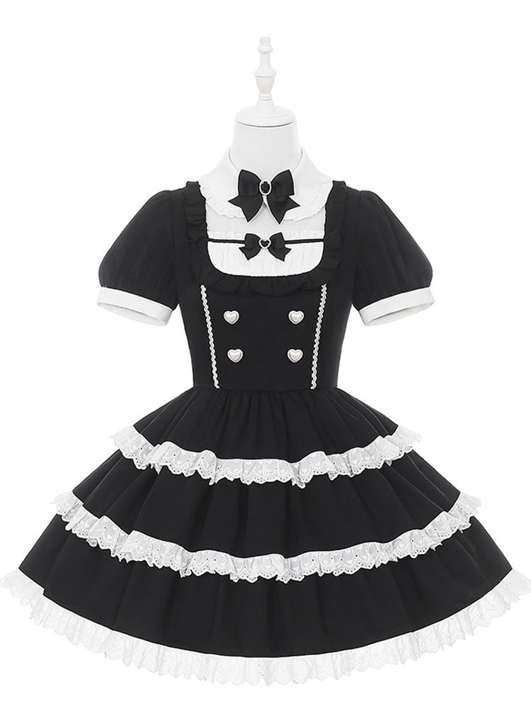 Maid Jirai-Kei Black White Tiered Dress Lace Trim Short Sleeve - Puppet Bombs