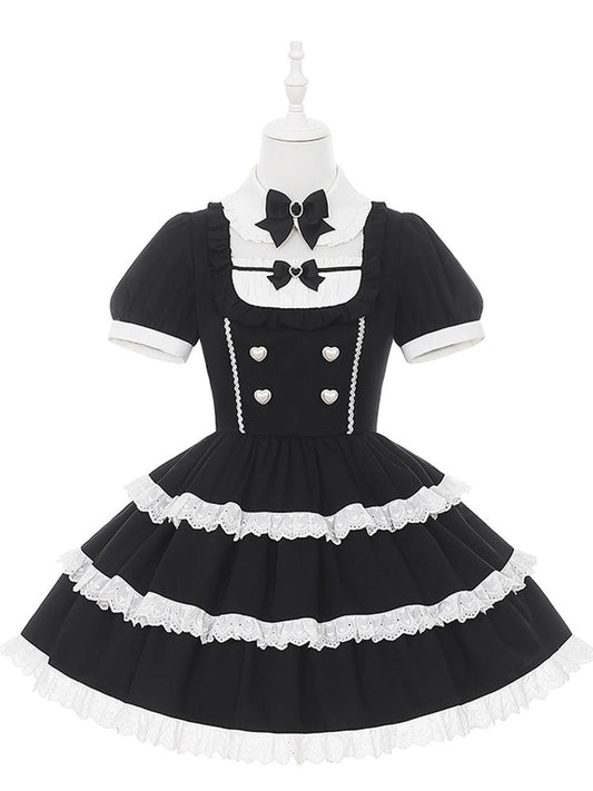 Maid Jirai-Kei Black White Tiered Dress Lace Trim Short Sleeve - Puppet Bombs