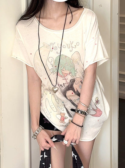 Cartoon Round Neck T-shirt Angel Print Apricot