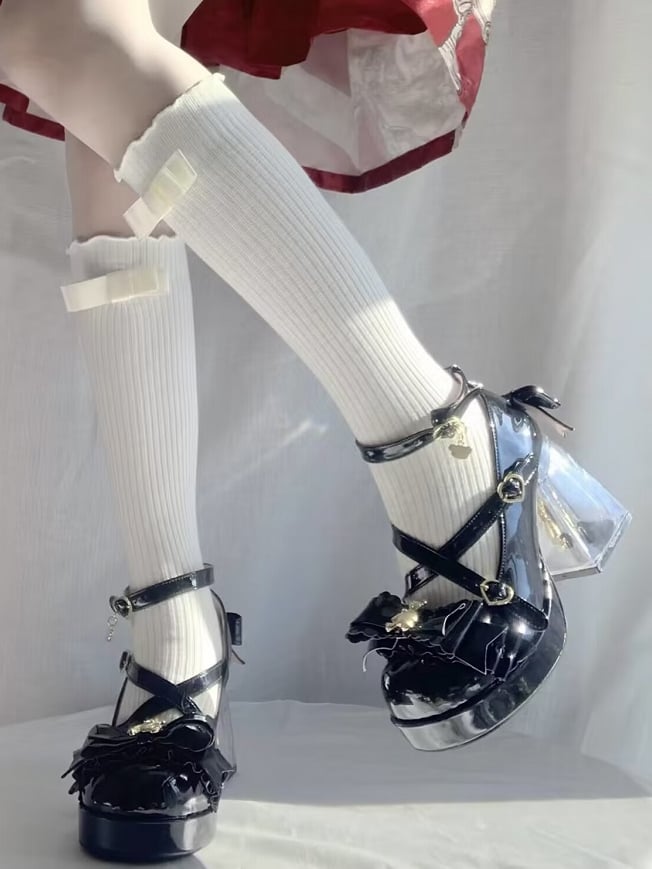 Heels - Block Leather Black High PU Crisscross Straps Lolita Sweet