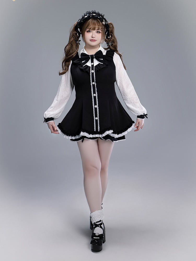 Black Kei with Coord Brooch and Set: White Trim Detachable Scalloped Shorts Edge Top Bow Jirai