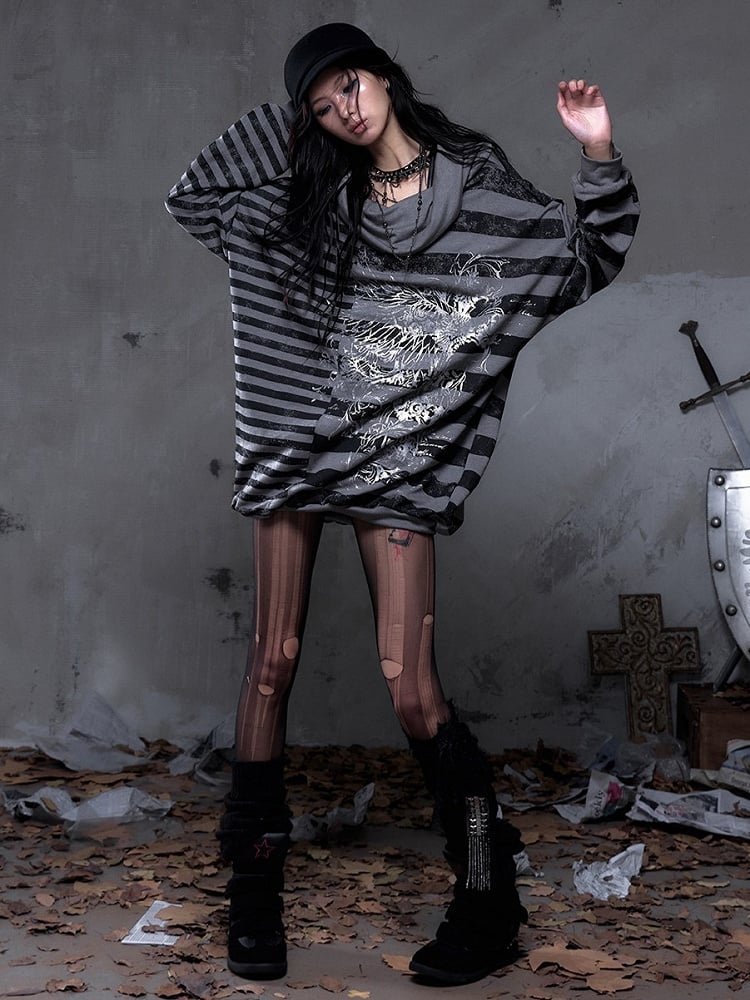Black Sweatshirt Dress Print Stripes Cross Punk Off-Shoulder Versatile Batwing with Y2K Gray
