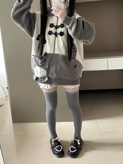 Cozy and Hood Coat 'Moe' - White Cat Gray Ear Fleece Daywear