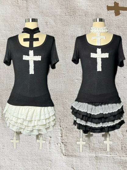 Trim Black/White Gothic Mini Tiered Lace Skort with
