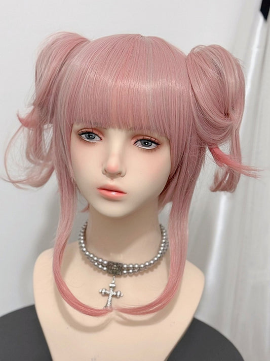Length Wavy With Ponytails Shoulder Claw + Clips Bangs Two Pink Wigs