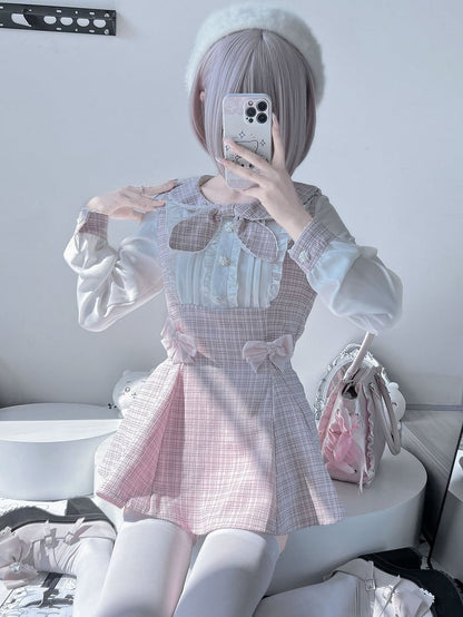 Kei Design Ärmel Top Plaid Outfit-Plisseeing + Details Jirai Bowknot Shorts Rosa Lange