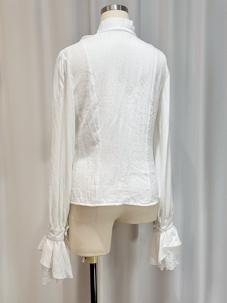 White Lace Ruffle Jabot Stand Collar Long Sleeve Blouse - Castle Too
