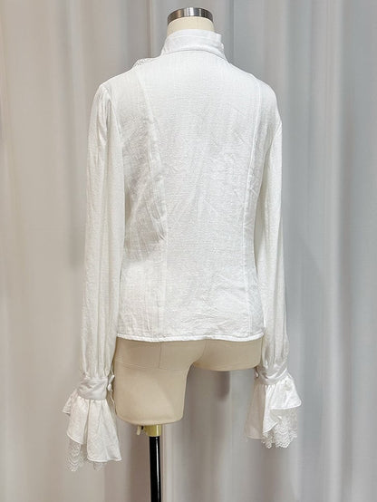 White Lace Ruffle Jabot Stand Collar Long Sleeve Blouse - Castle Too