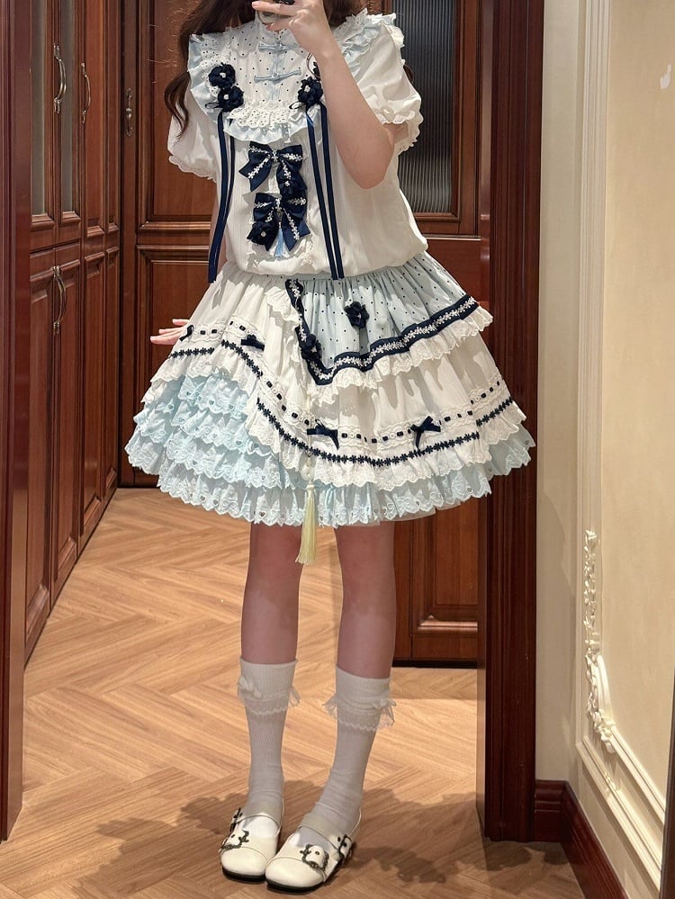 and White Banded Lolita Han Accents Blue Flower Collar Bow Dress with Puff Sleeves