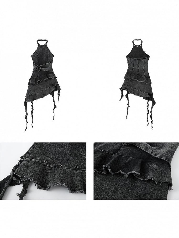 Ruffles Cascading Punk Dress Hem Vintage Asymmetrical Denim Waist Rose with Halter Black