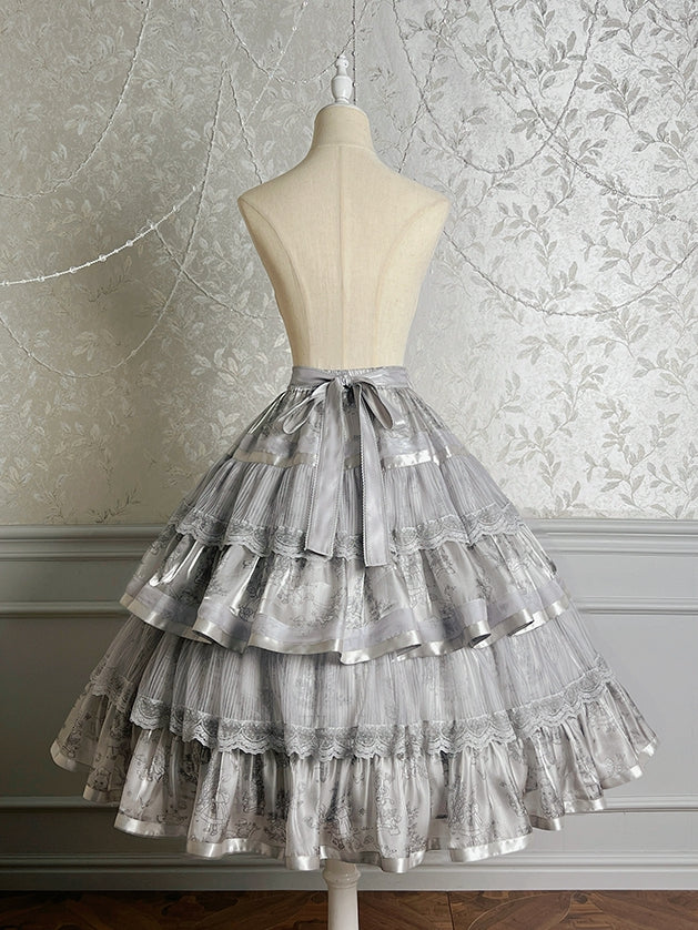 Kitty Print Gray Tiered Skirt Silver and Lolita Bunny