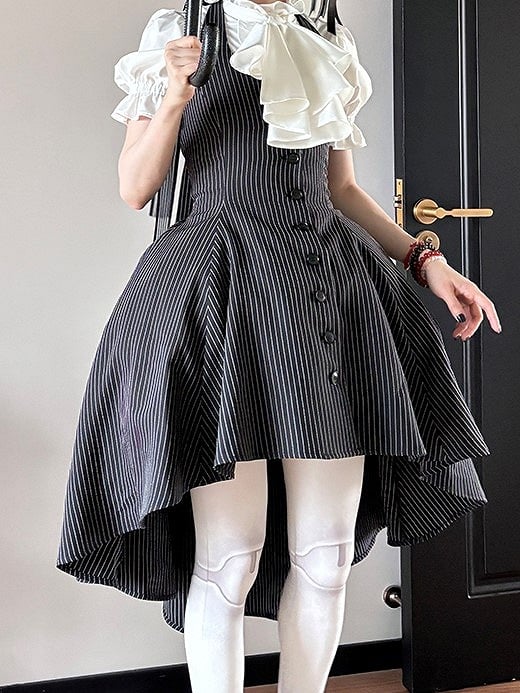 Striped Overall Lolita Button-Front Halter Black White and Neck