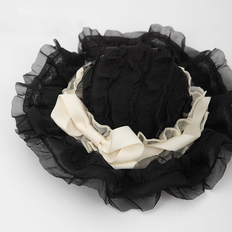 Black Ruffled Bow Hat Lace Sweet Beige Lolita Mini