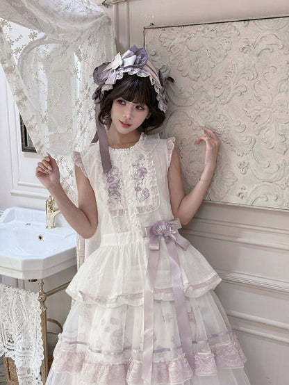 Summer Lolita Top & Skirt Set with Floral Embroidery and Lace - Yimu Walnut