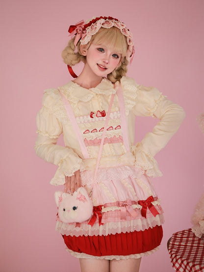 Strawberry Bodice Embroidery Cake Skirt Overall Hem and Pink Sweet Cupcake Lolita Red