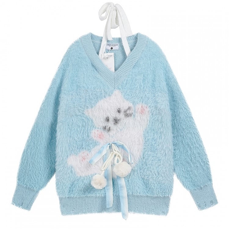 ライトブルー/ピンクのキュートな猫柄ふわふわVネックホルターセーター
