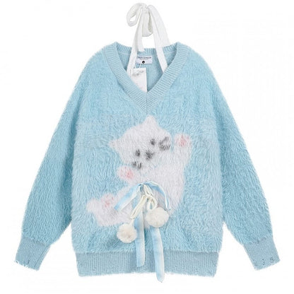 ライトブルー/ピンクのキュートな猫柄ふわふわVネックホルターセーター