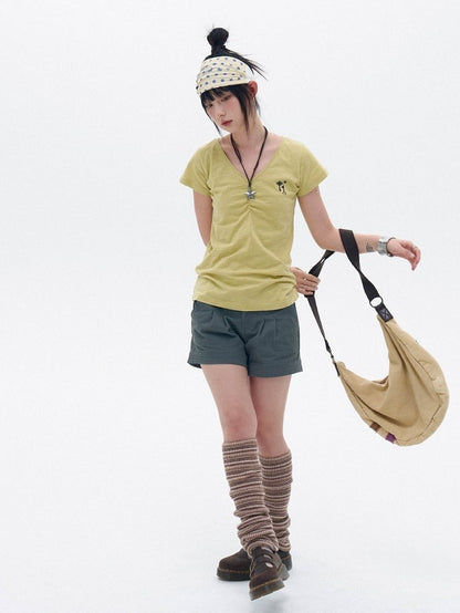 Light Green Cotton V-Neck Tee with Key Embroidery - innomoood