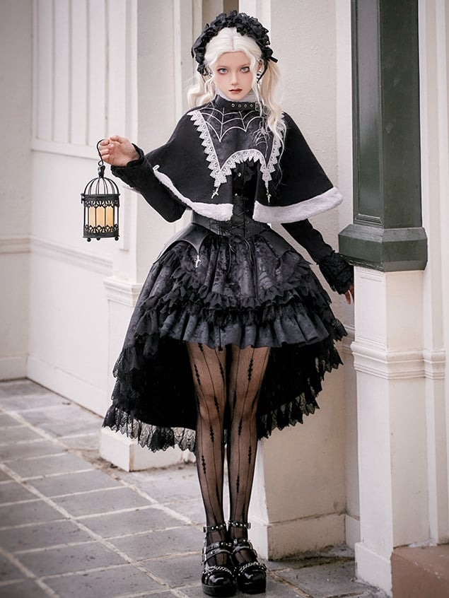 Gothic Lolita Cape with Spiderweb Embroidery and Cross Charms