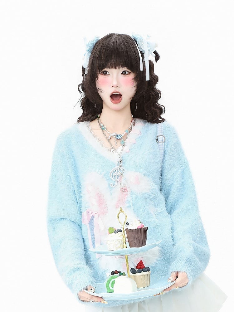 Decorative Motif Strap Sweater Kawaii V-neck Bunny Self-tie - Daily Blue/Pink