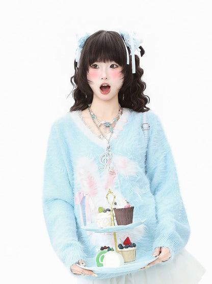 Decorative Motif Strap Sweater Kawaii V-neck Bunny Self-tie - Daily Blue/Pink