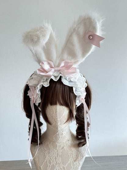 Plush Ear Lolita Striped Bunny Blue/Pink with Hairband Lace Bows Accents and