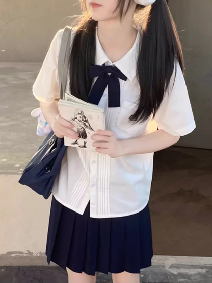 Preppy Style Short Shirt Sleeves Version Details Pleating White