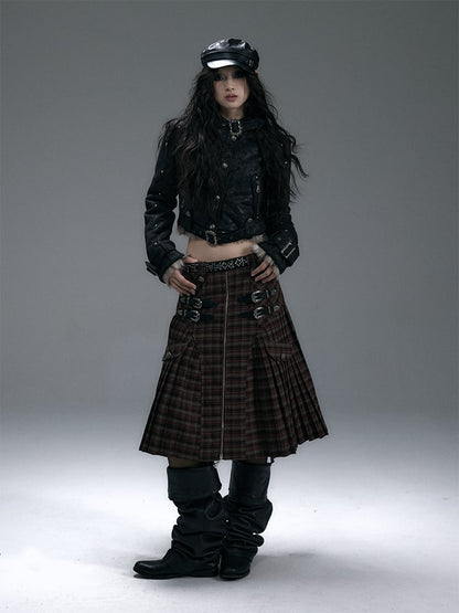 バックル＆スタッズ ブラック リバーシブル レオパード シャギー ジャケット