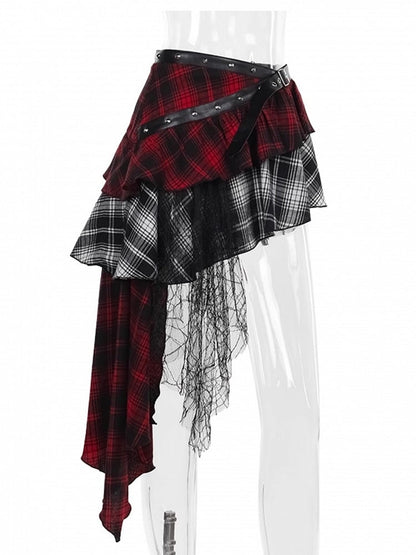Belt Plaid Layers PU Asymmetrical Rock Mixed Halloween Punk Skirt Tiered with