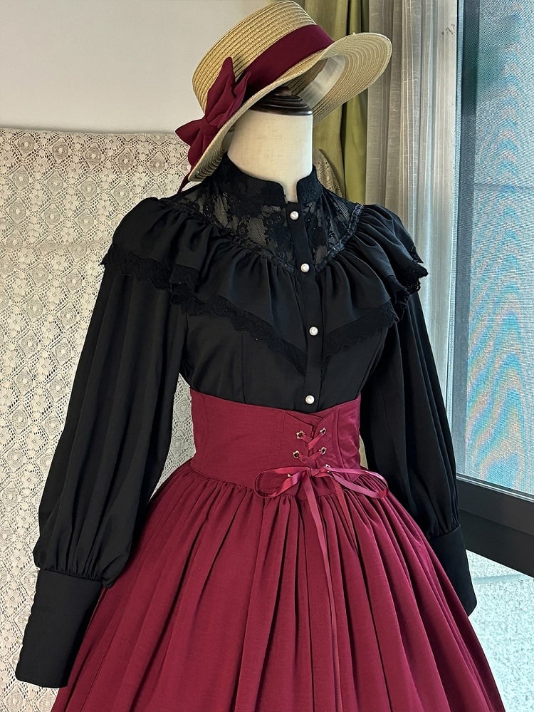 Black Edward Neck Lolita Blouse with Bead-Accented Cuffs