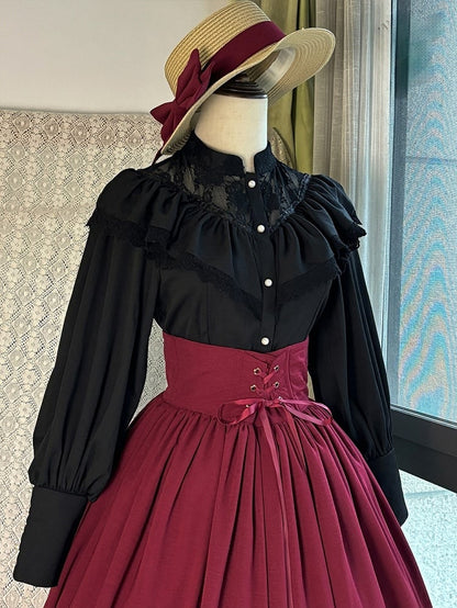 Black Edward Neck Lolita Blouse with Bead-Accented Cuffs