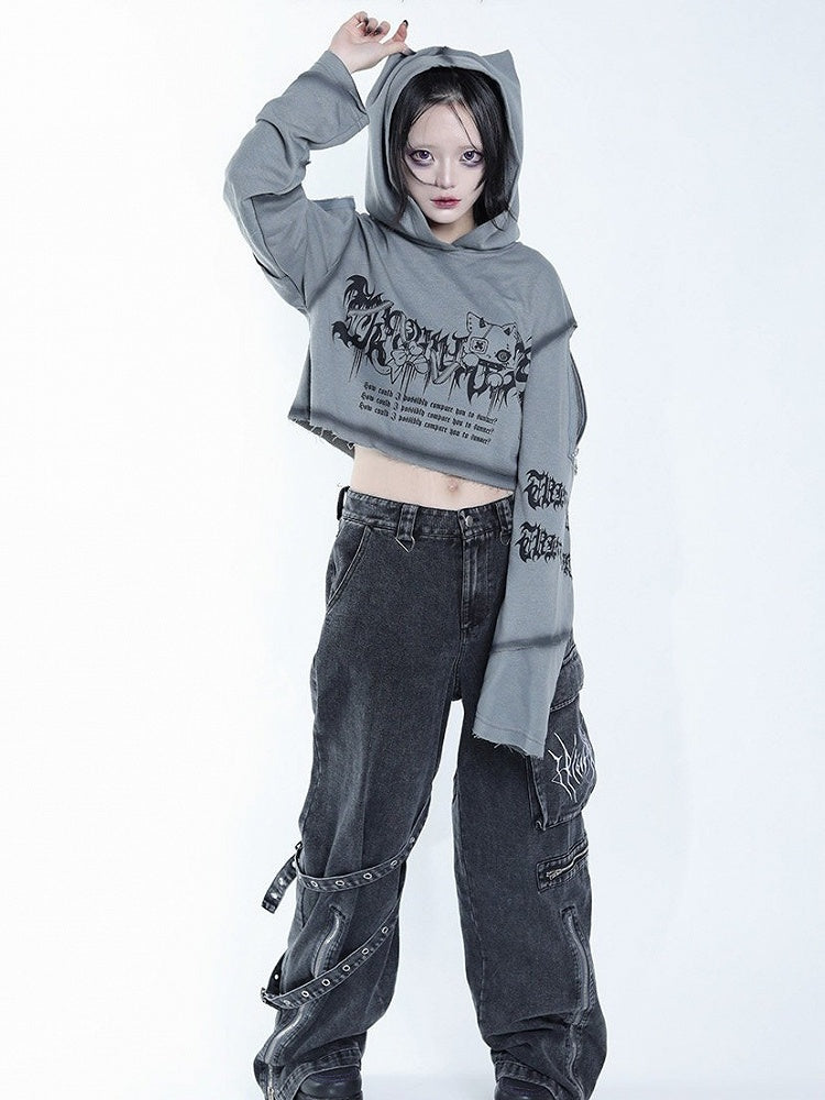 Dark Style Grey Cat Symbol Graphic Cropped Hoodie with Shoulder Zip Design - Tribuo Flos