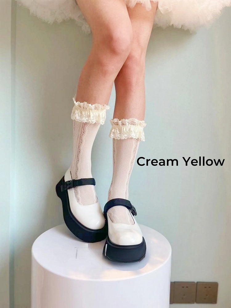 White/Cream Yellow Ruffled Lace Cuff Calf Socks