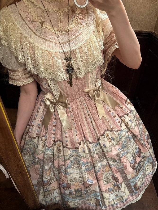 Lolita Pink with Accents Dress Printed Lace-Trimmed Bear Sweet Bow