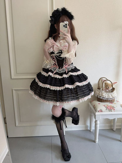 Details Chain Bow Lace-up JSK Lolita Bead with Accent Dress Blafck