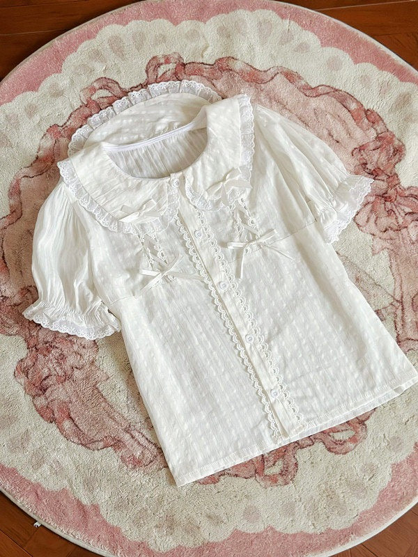 White Sweet Peter Pan Collar Short Sleeve Cotton Blouse Lolita - Jelly Girl