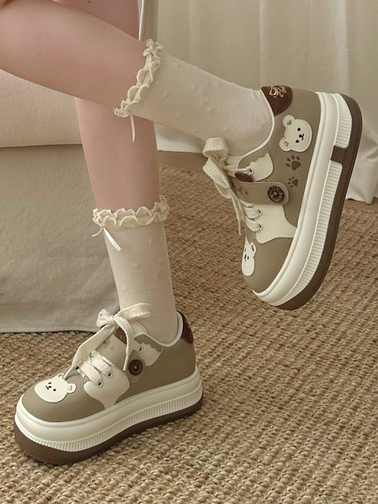 Lolita - Bear with Velcro Detachable Platform Sweet Theme Sneakers Paw Prints Brown