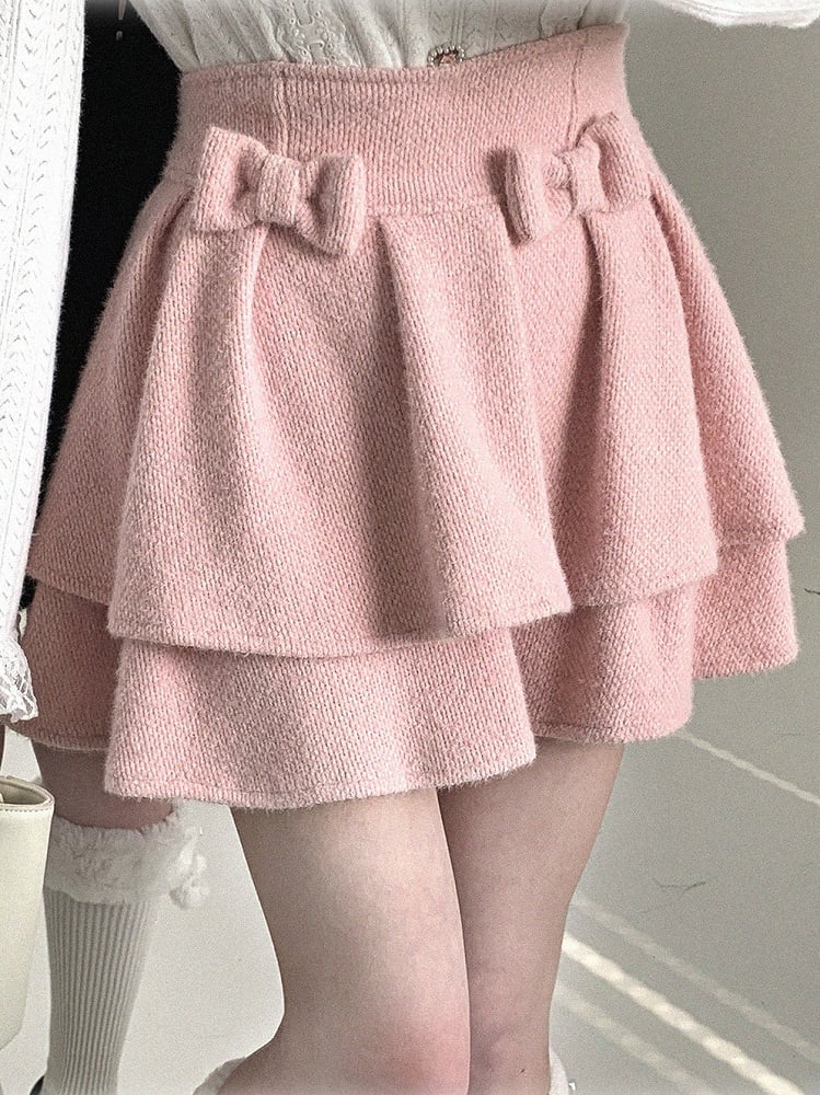 Double-Layer Pom-Pom Bow Skirt Jirai Kei Pink/Black/Off-White Ruffle Decor