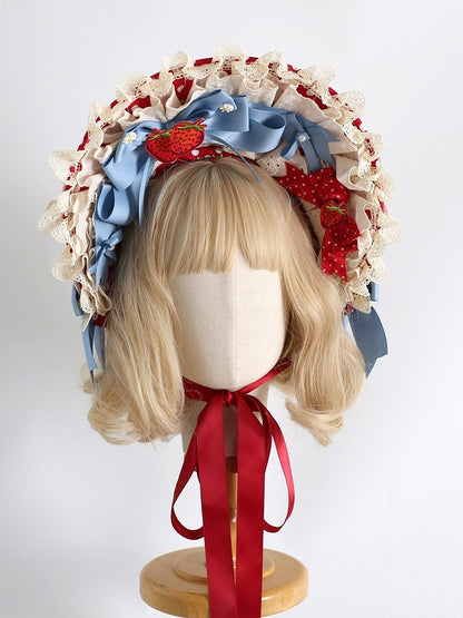 Details Pattern Red with Strawberry Blue Applique Bonnet Polka-dot Bowknot