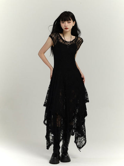 Gothic Black Round Neck Lace Handkerchief Hem Dress