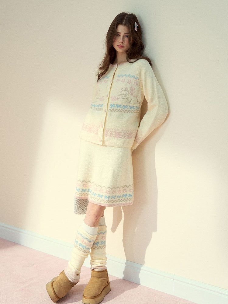 Cat with Vintage Kawaii Knit Beige Design Pattern Skirt